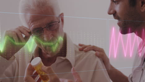 animation of heart rate monitor over diverse male doctor giving medicine pills to senior man