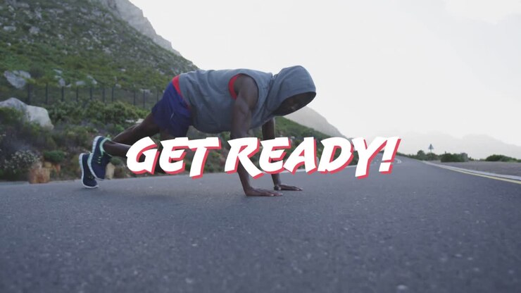 Animation of the words get ready in white over man exercising on mountain road