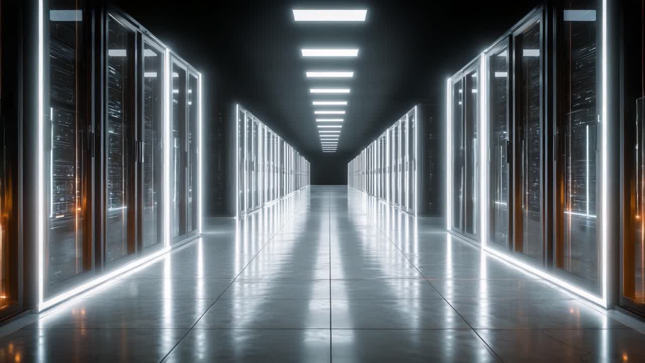 Esplorando il data center futuristico: un percorso elegante attraverso file di server ad alta tecnologia illuminati da luci intense e un design moderno.