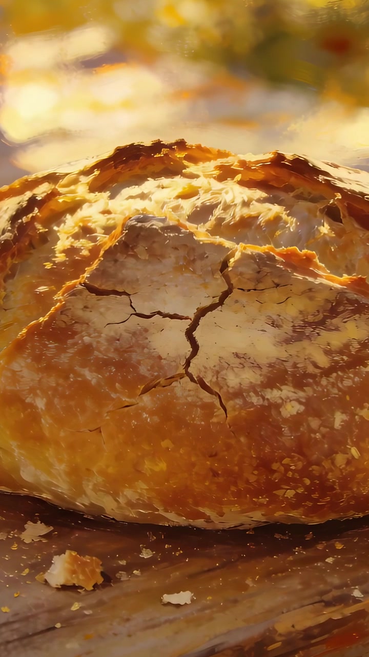 Video verticale: Pagnotta artigianale rotonda con crosta screpolata, appoggiata su un tavolo di legno illuminato dal sole e con briciole.