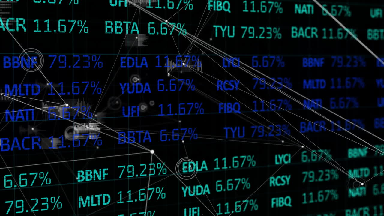 Animation of connected dots, changing numbers and trading board over black background