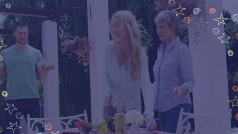 animatin de estrellas y círculos sobre familia caucásica preparando comida en el jardín