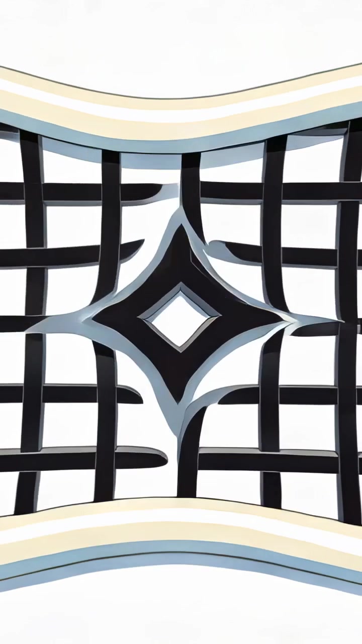 Video verticale: Griglia nera che si trasforma piegandosi in un anello color crema su sfondo bianco, con una cornice che inizia a stella.