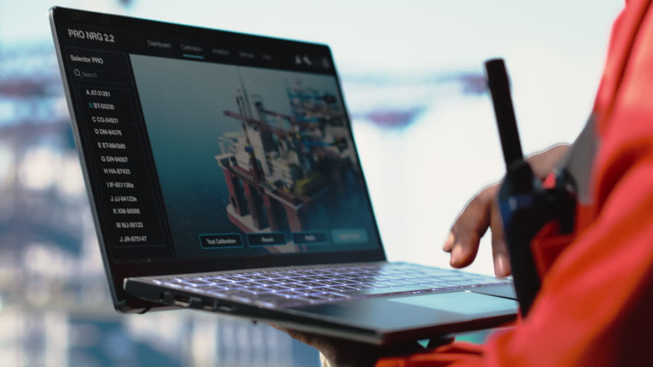 Vertical video Close up of offshore platform worker using AI on laptop