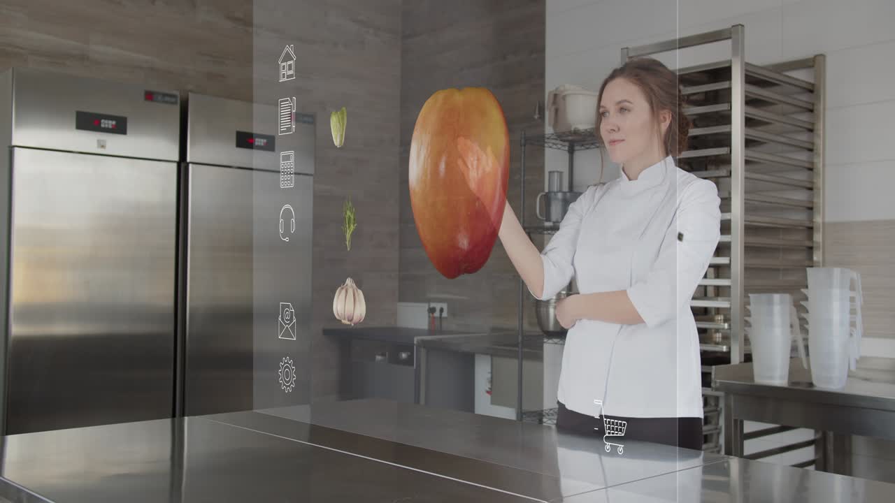 шеф-повар на кухне прозрачный голографический экран для покупки овощей онлайн