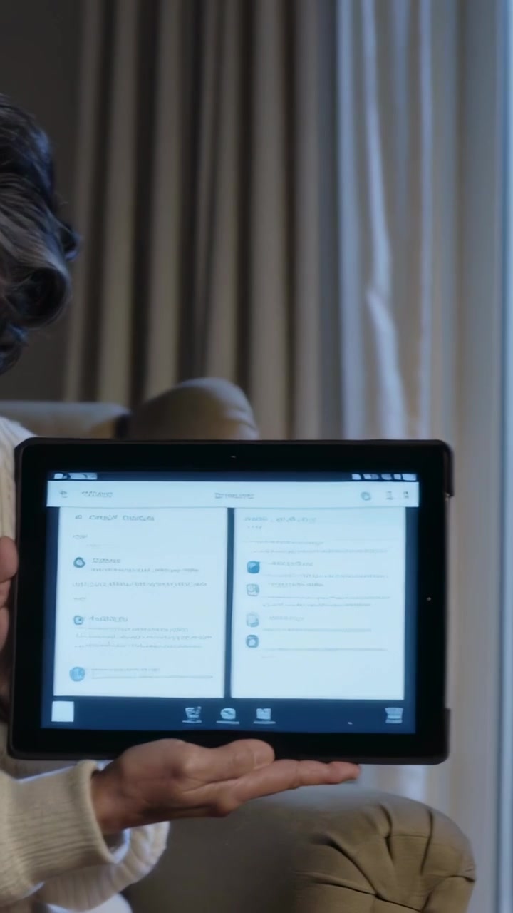 Vertical video: Smiling senior Asian woman angling tablet showing app at home, cardigan, copy space