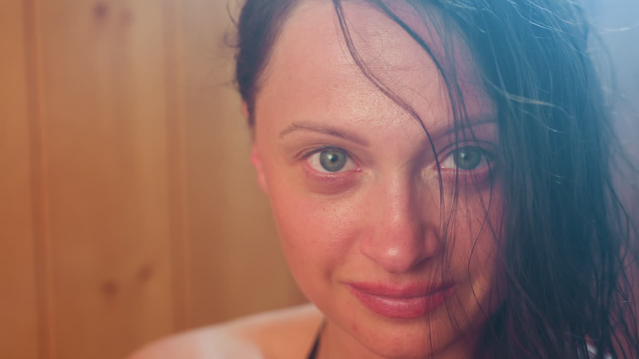 woman wrapped in towel sits on wooden bench inside smoky sauna, damp hair framing serene green eyes as gentle steam drifts through warm mist, soft smile and relaxed posture