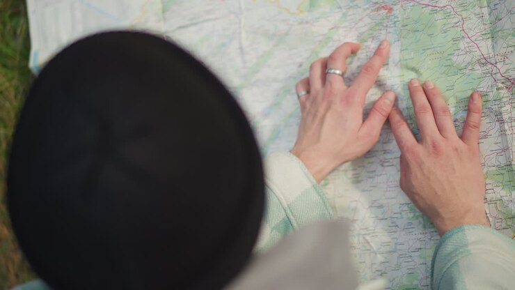 Un randonneur vu de dessus étudie une carte sur l’herbe, les mains traçant des itinéraires topographiques, un bonnet et une veste visibles, des bagues aux doigts, une lumière douce, planifiant un itinéraire de randonnée et de voyage, cadrage intime et rapproché.