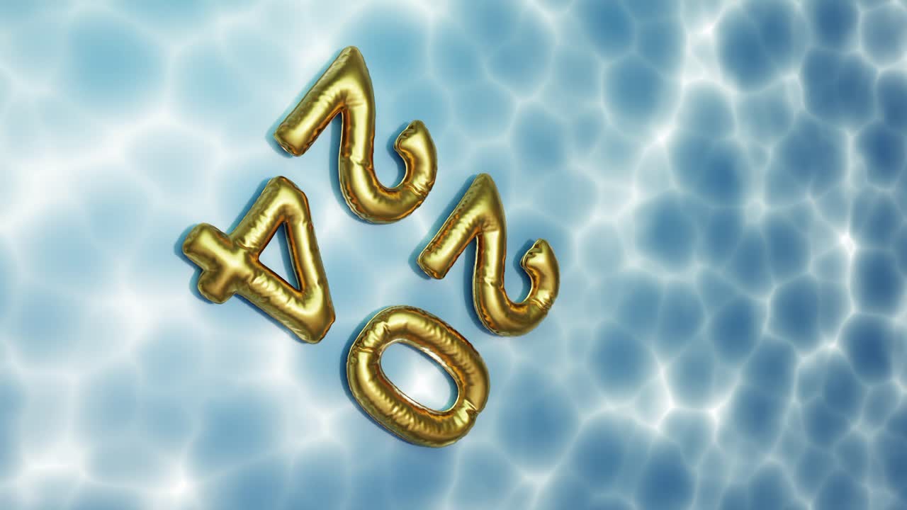 números dorados de 2024 flotando en aguas azules onduladas, año nuevo vertical