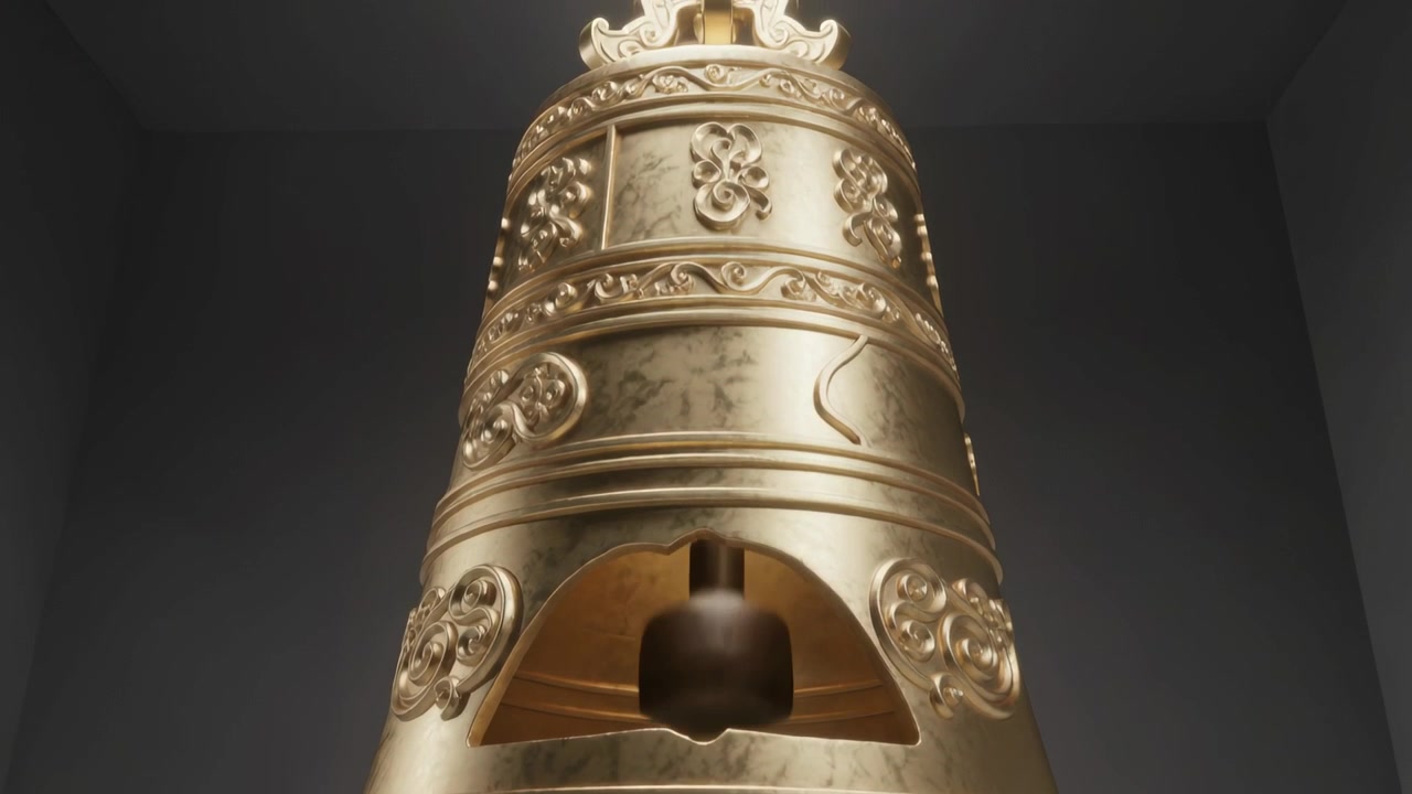 拉遠鏡頭展現了黑暗房間基座上一個大型華麗的鐘，鐘錘向上擺動。
