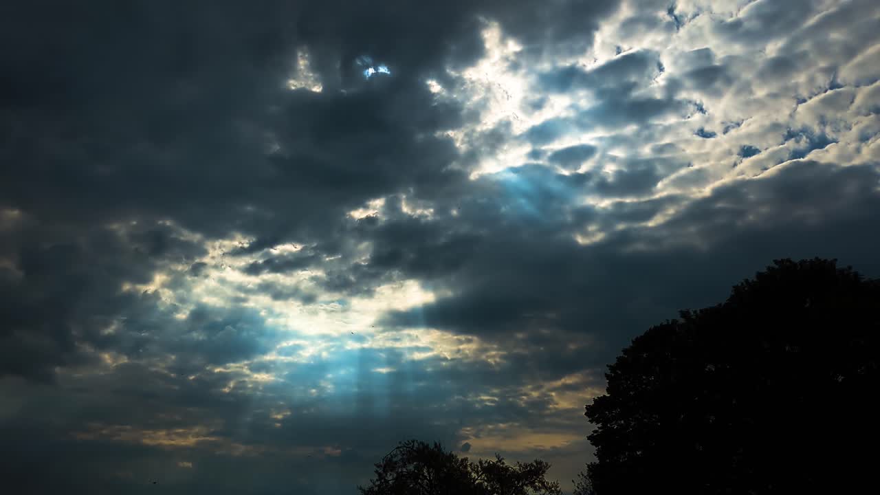 Dark Contrasting Cloudscape with Light Rays Shining Down with Silhouetted Trees. Ethereal Spiritual Nature Footage.