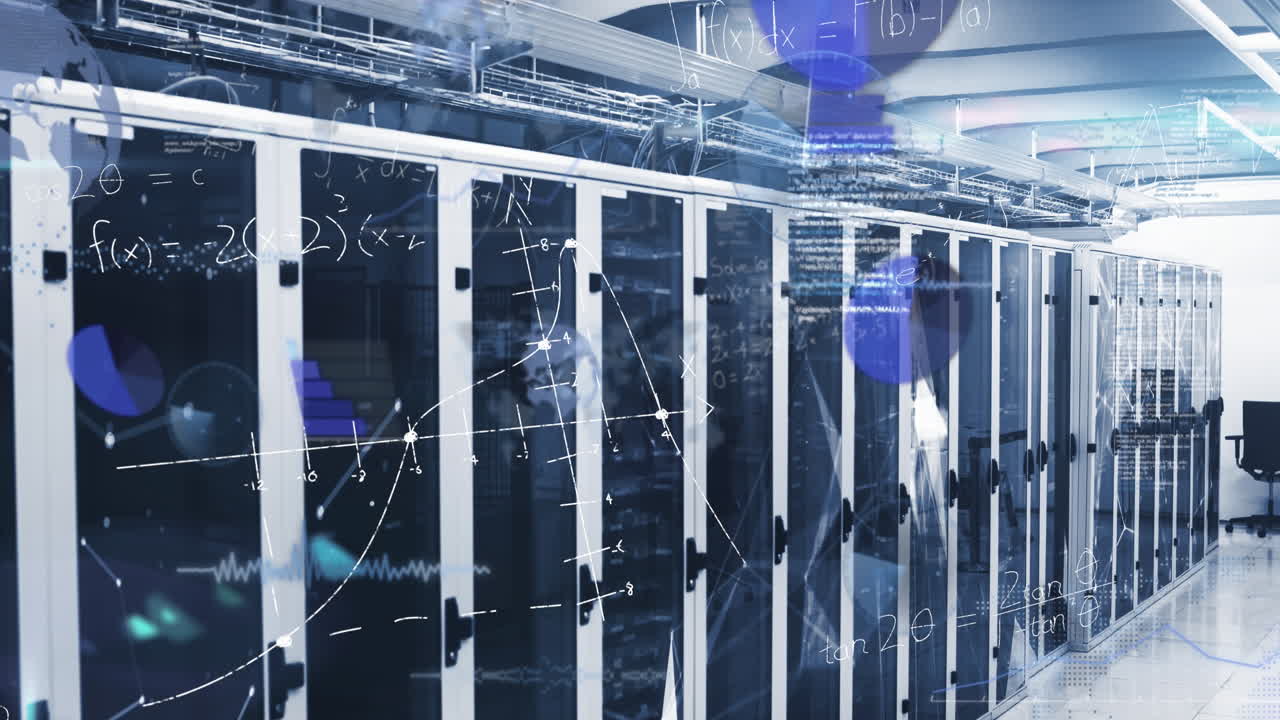 Animation of data processing and mathematical equations against plexus networks over server room