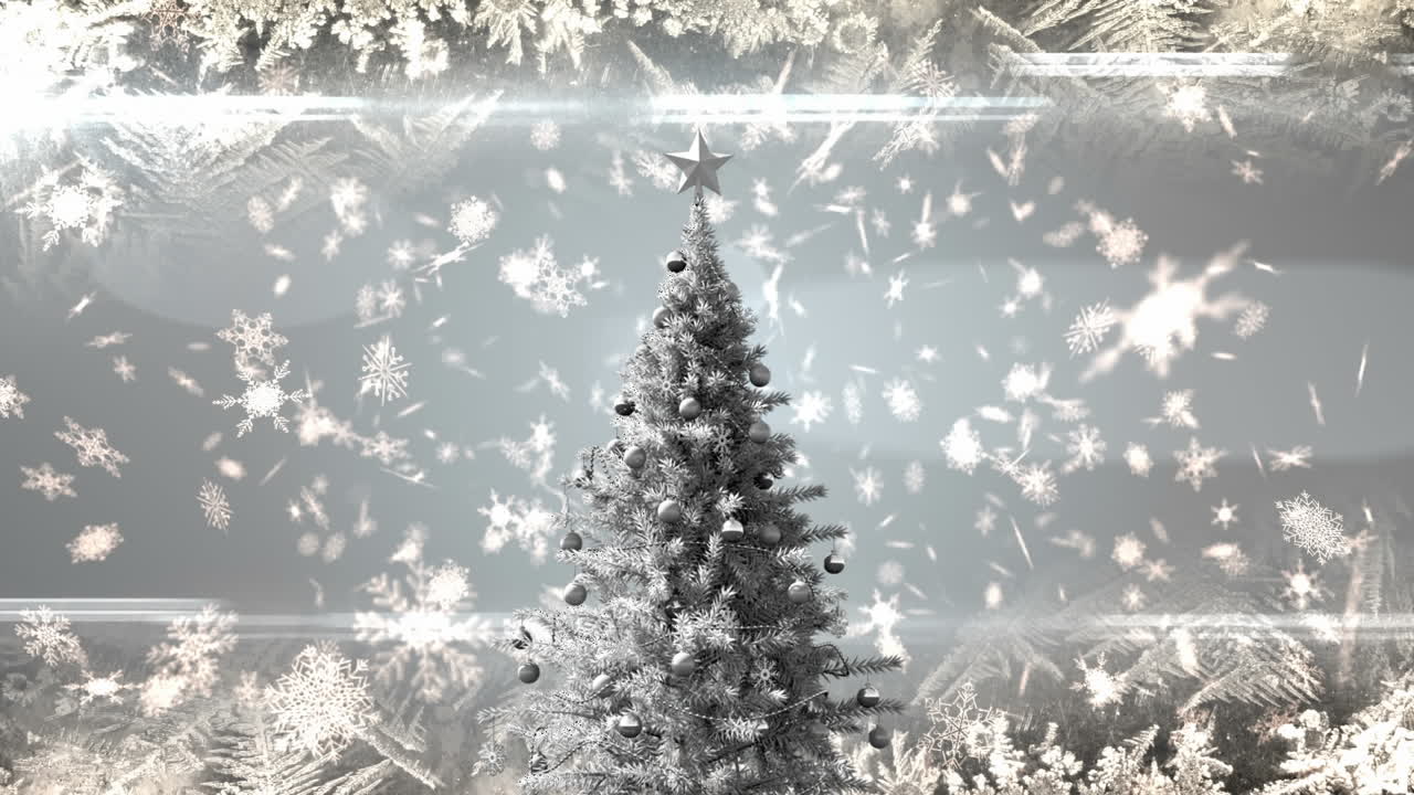 크리스마스 트리와 눈송이가 떨어지고