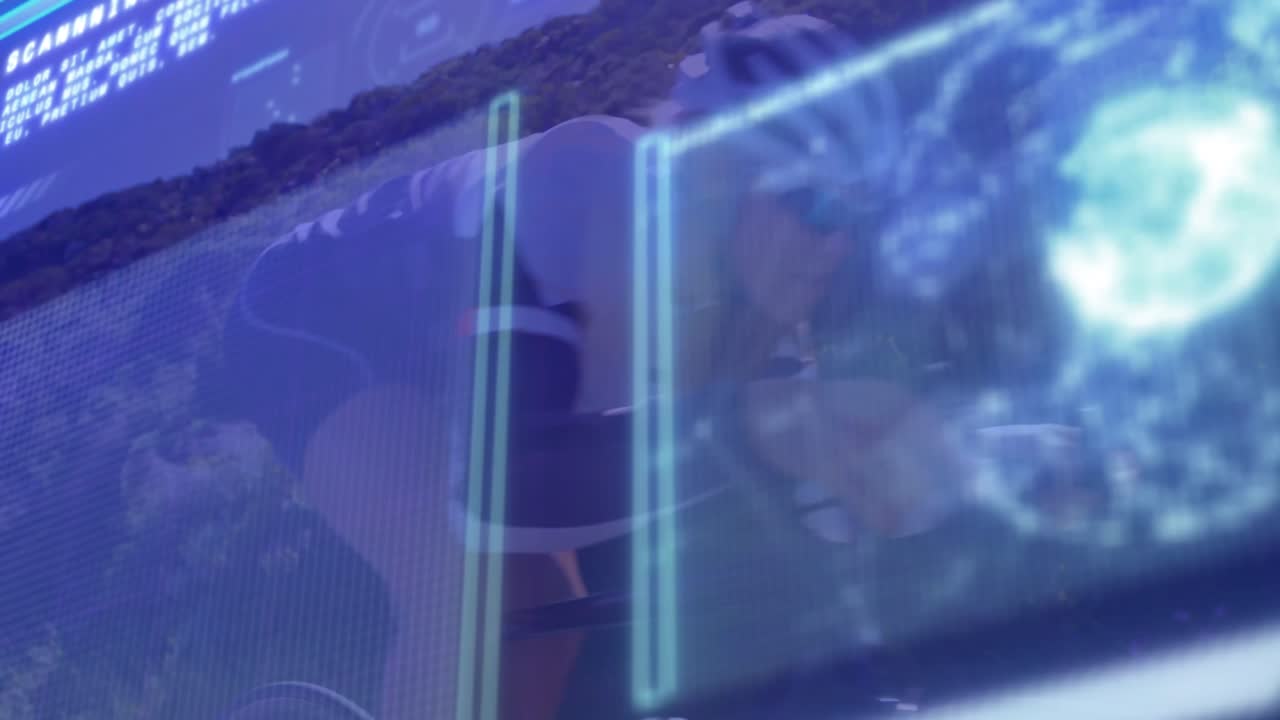 Animation of data processing over caucasian woman cycling