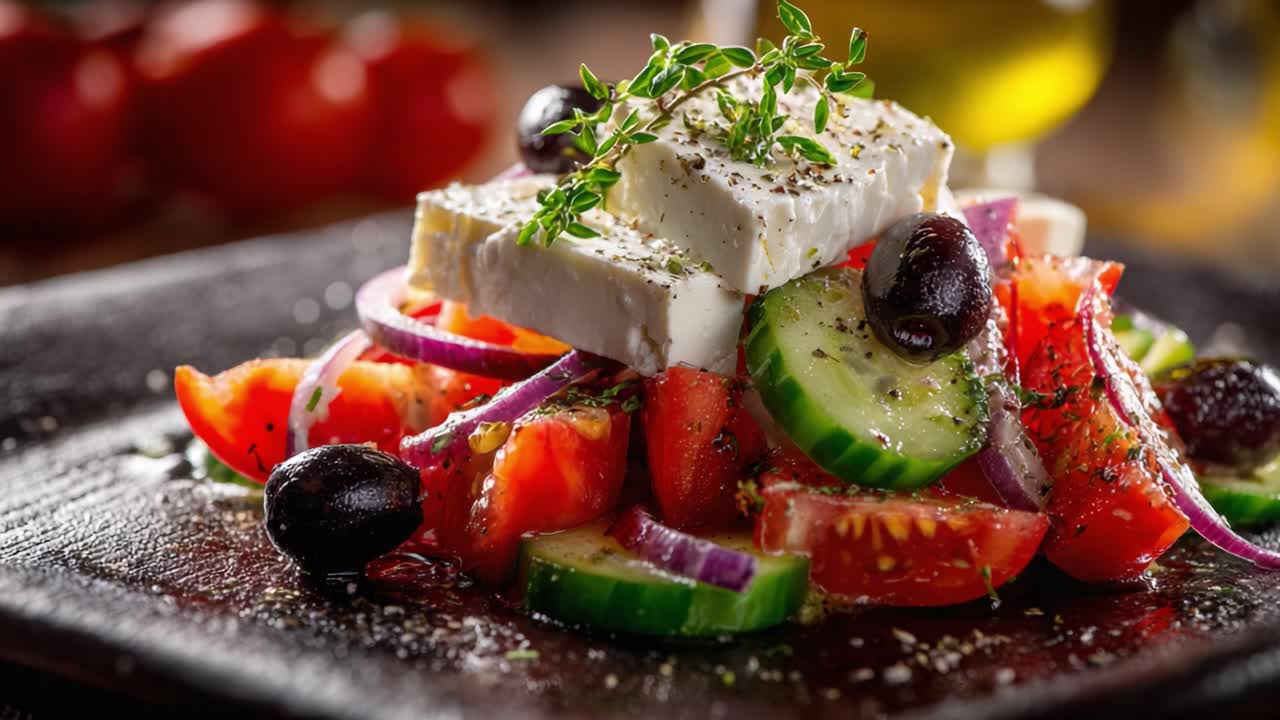 A Delicious Mediterranean Salad Featuring Fresh Ingredients, Feta Cheese, Olives, and Vibrant Vegetables Served on a Rustic Black Plate with Olive Oil in the Background