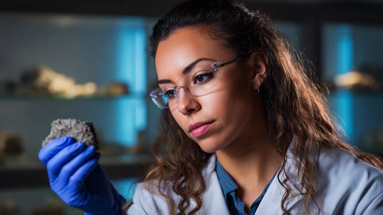 An Observant Scientist Analyzes a Geological Sample with Precision and Care, Illuminated by Soft Light in a Laboratory Setting, Combining Expertise with Passion for Earth Sciences
