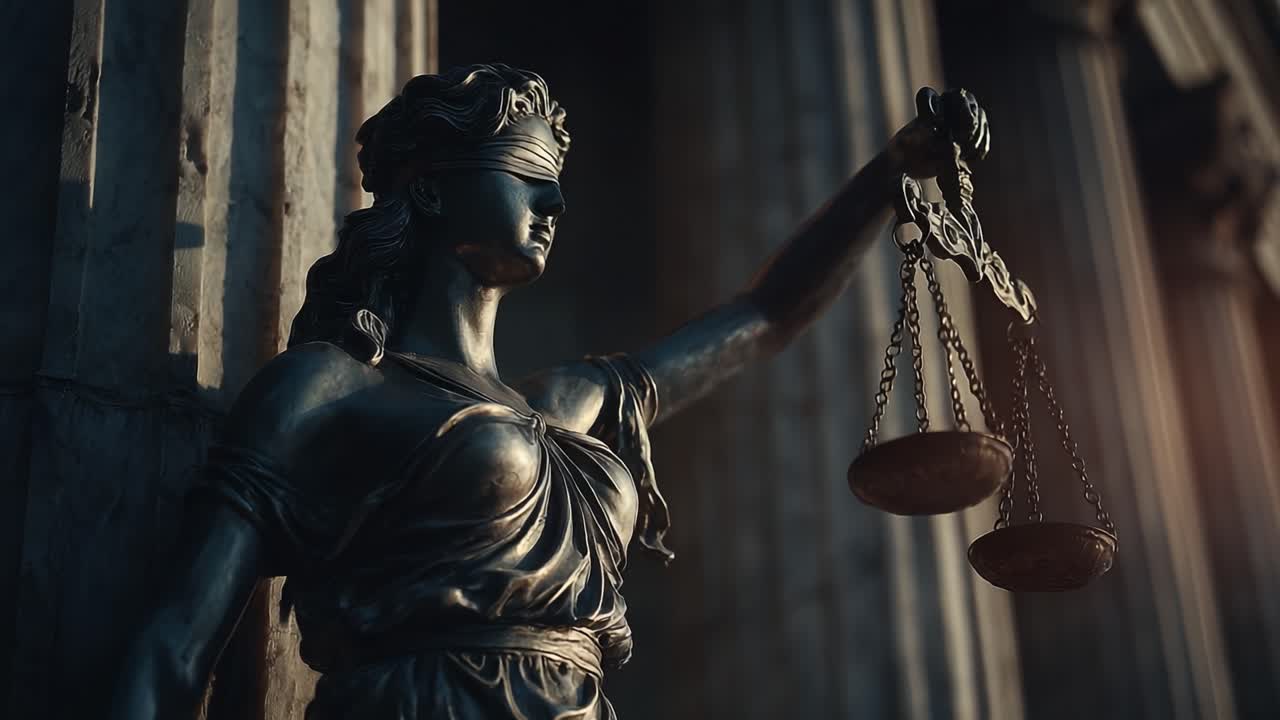 A Captivating Representation of Justice: The Iconic Scales of Justice and Blindfolded Figure Symbolizing Impartiality in Law Against Historic Architecture