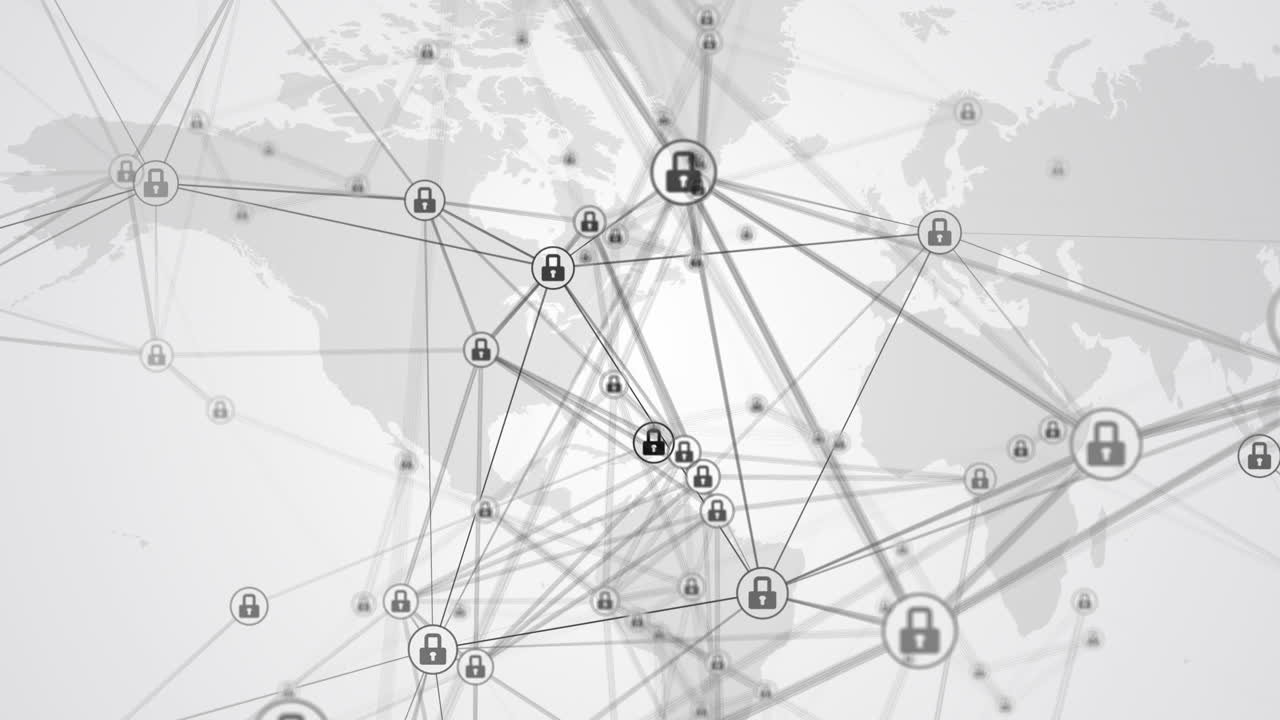 Lock as symbol of Internet security and user protection. Technology of global cyber security. Futuristic white background with plexus lines. Looped motion graphics.
