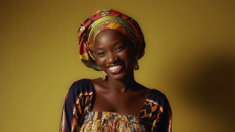 portrait of a smiling black woman in colorful african headwrap