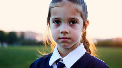 una joven en uniforme escolar está de pie en un campo al atardecer