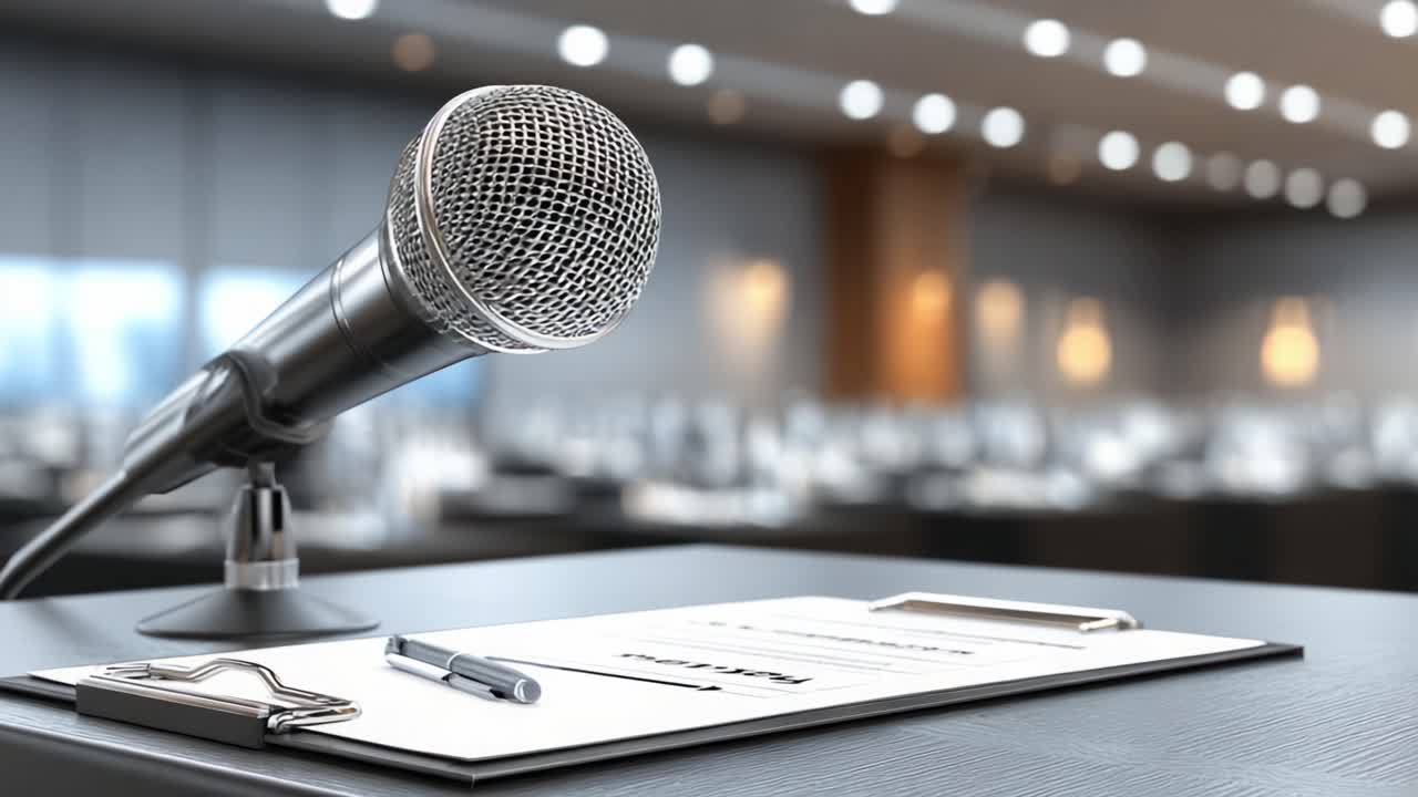 Um Microfone Profissional Pronto para um Discurso Envolvente, Posicionado Elegantemente ao Lado de uma Folha de Papel em Branco em uma Mesa de Conferência, Cercado por um Ambiente de Negócios