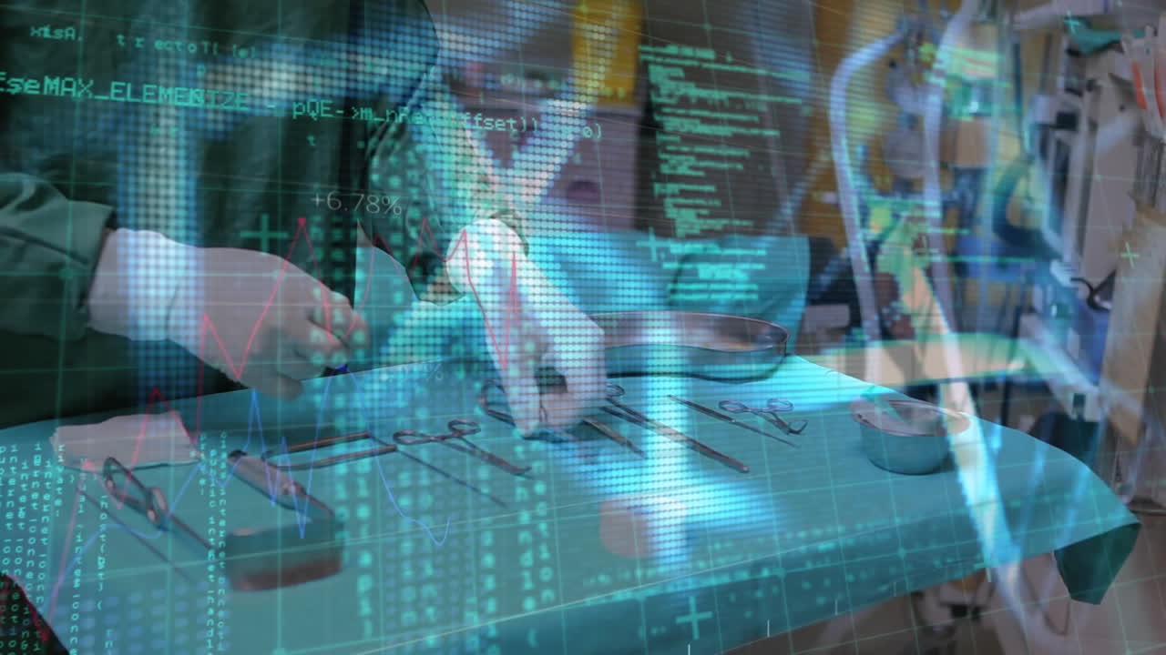 수술실에서 다양한 외과 의사에 대한 dna 스트랜드 및 데이터 처리의 애니메이션