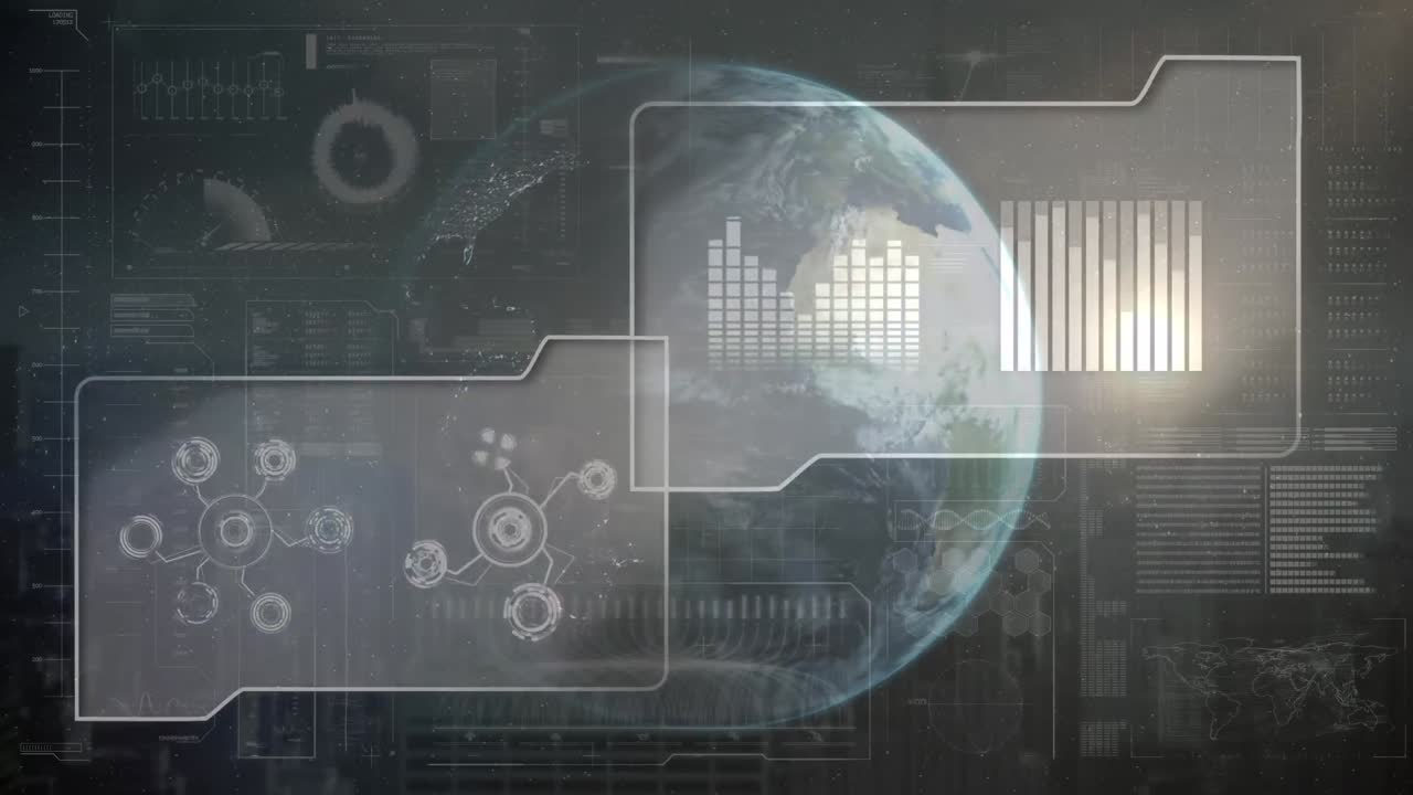 Animation of data processing over globe on black background