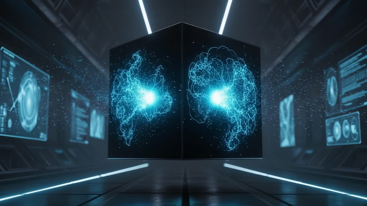 Futuristic Neural Network Visualization: A Dynamic Representation of Artificial Intelligence Progressing in a High-Tech Environment