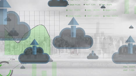 animación del mercado de valores y diagramas en nubes digitales y paisaje urbano