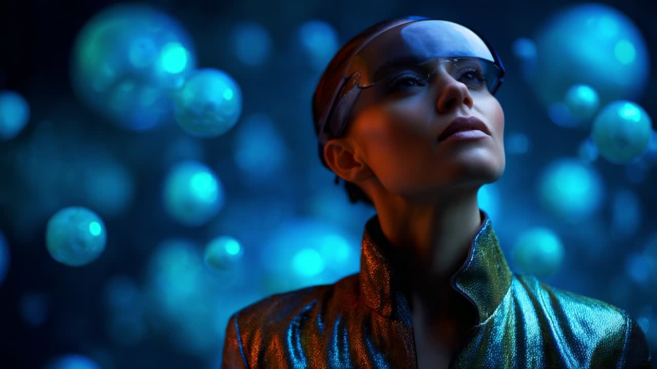 A Captivating Portrait of a Woman in Futuristic Attire with Stylized Glasses, Surrounded by Luminous Bubbles in a Mesmerizing Blue Atmosphere, Embodying a Blend of Elegance and Innovation