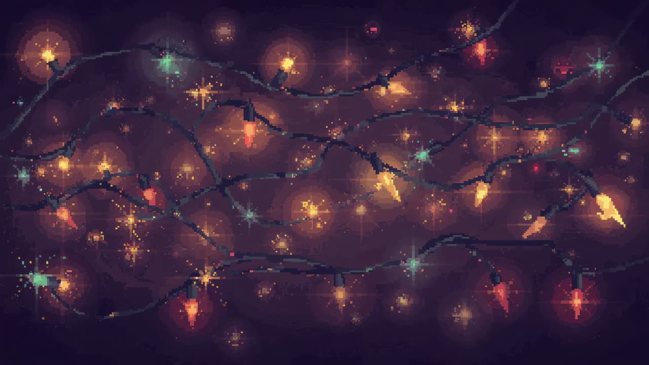 Fios animados pulsando em um fundo roxo, brilhando com lâmpadas, estrelas azuis e reflexos vermelhos
