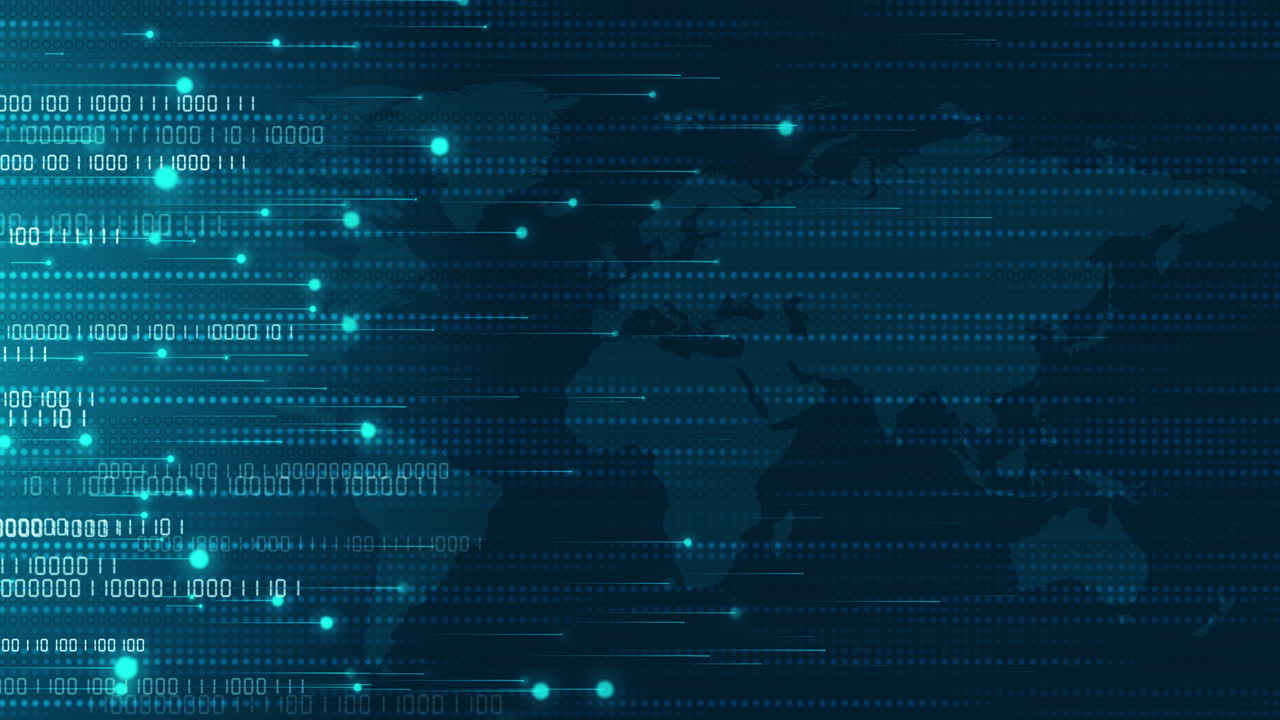 Digital data network binary code. Movement of numbers and glowing particles on dark blue background. Points and pixels in lines. Looped animation.