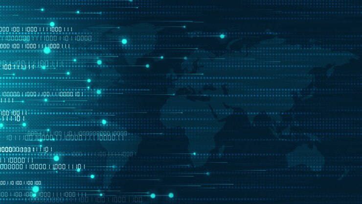 Digital data network binary code. Movement of numbers and glowing particles on dark blue background. Points and pixels in lines. Looped animation.