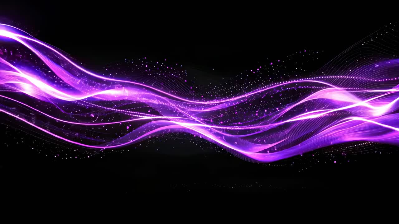 Dynamic video concept with swirling purple light trails on a black background
