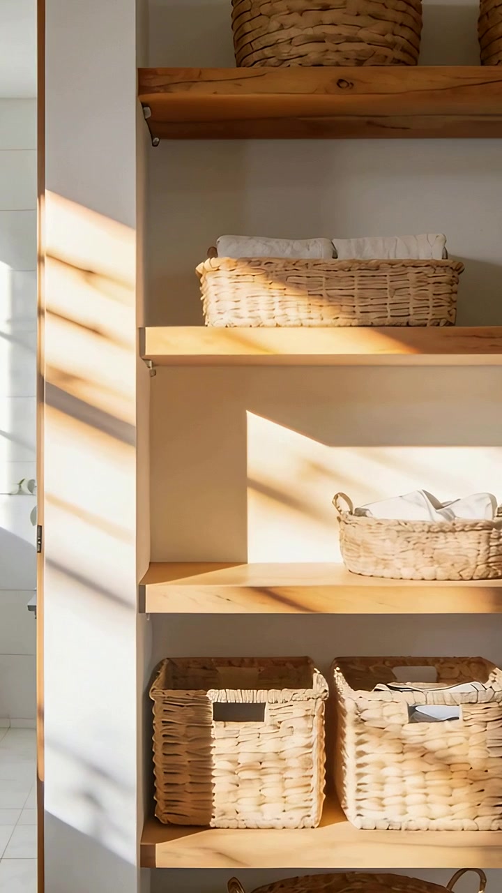 Video vertical: Luz solar cambiante cruzando estantes de madera junto a la puerta abierta del baño, revelando cestas.