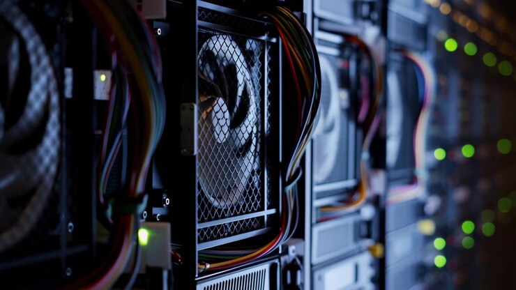 Nærbillede af et serverrack i et datacenter, der viser køleventilatorer, bundtede kabler, lysende statusindikatorer og metalhardware arrangeret langs udstyrsrækken.