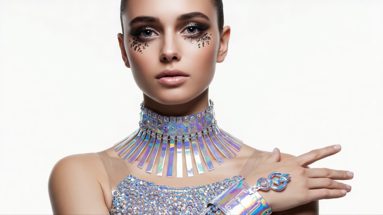 A Stunning Portrait of Fashion with Sparkling Accessories and Artistic Makeup Emphasizing Rhythm of Light and Reflections in a Striking Presentation