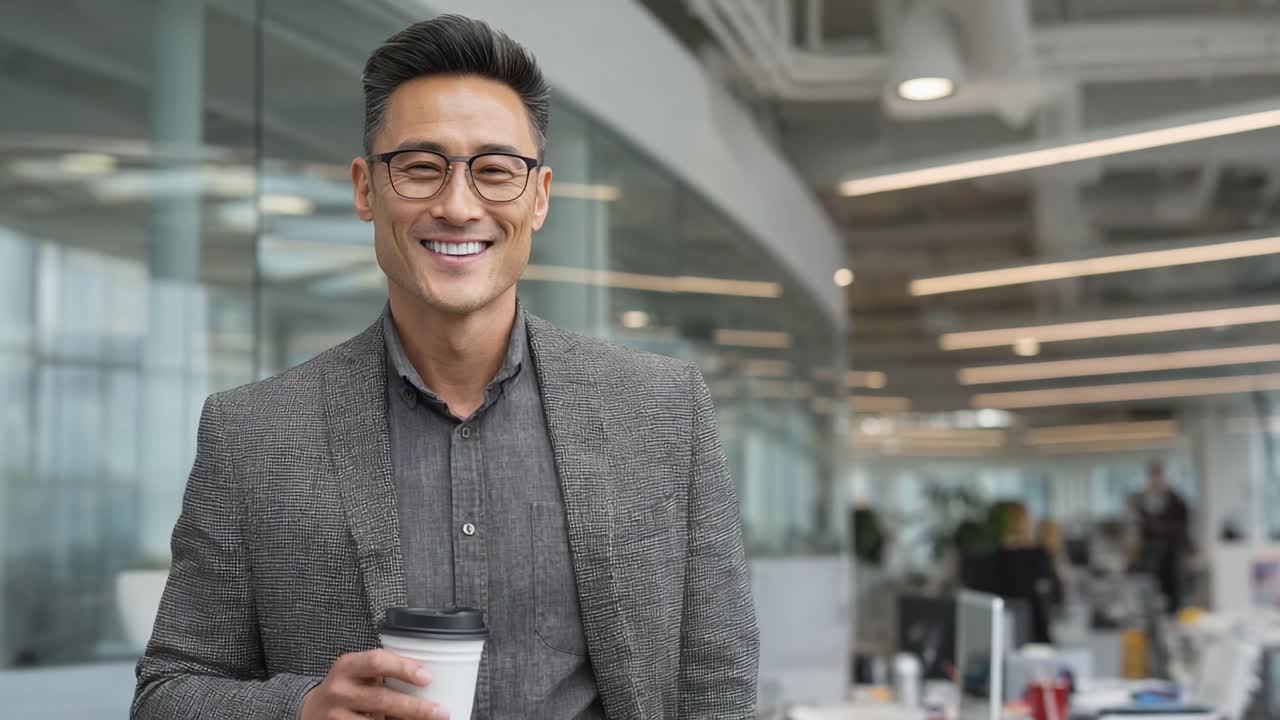 A Confident Professional Man Smiling While Holding a Coffee Cup in a Modern Office Environment, Radiating Positivity and Approachability in a Collaborative Workspace