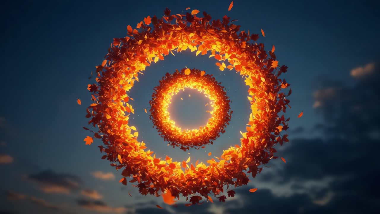 Circular Patterns of Autumn Leaves in Fiery Orange and Yellow, Set Against a Vibrant Sky, Creating a Whimsical and Enchanting Visual Experience
