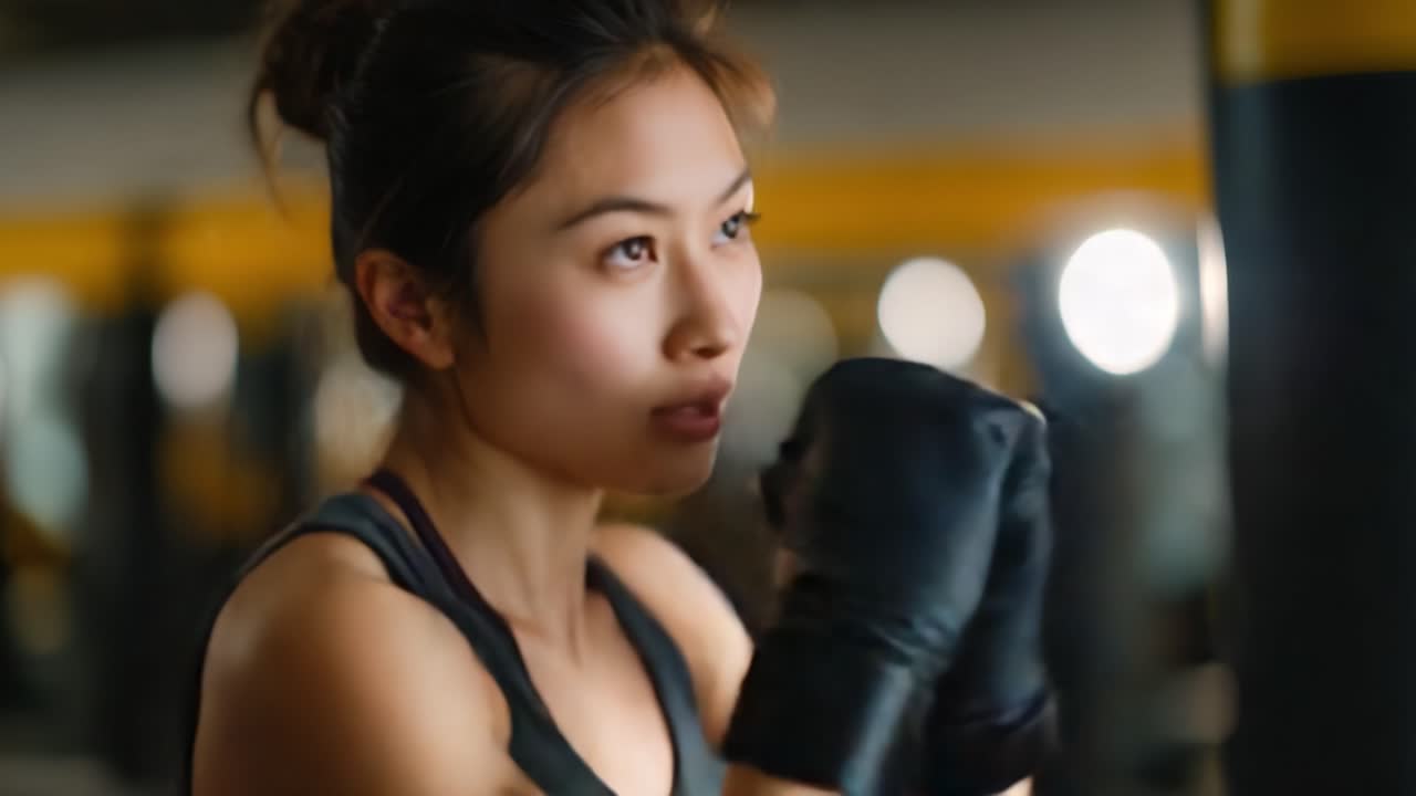 集中し、決意を固めた女性ボクサーが、トレーニングジムで自信と力強さをもって試合に備えている様子