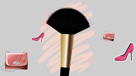 Animation-of-falling-shoes-and-bags-over-makeup-brush