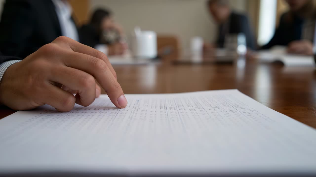 Discussion starting, tracing right hand following printed text on polished table, suit cuff visible