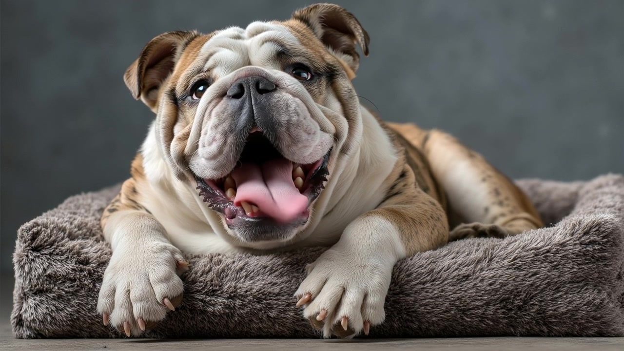 Bulldog inglês bocejando e rolando de forma brincalhona em uma cama macia para animais de estimação.