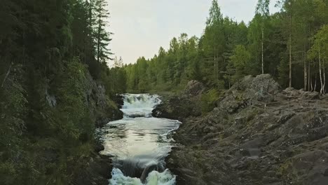 aerial footage of a karelian waterfall kivach, full water flow over the top