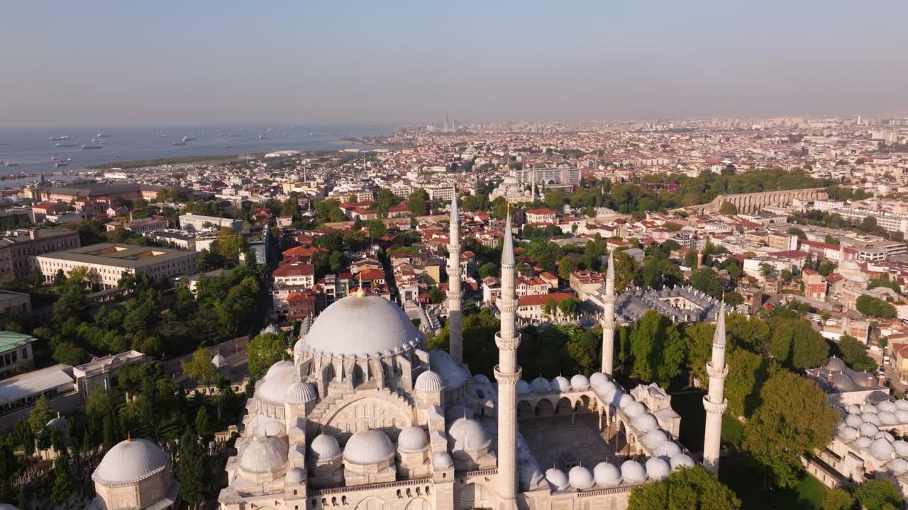Aerial Pullback Reveals Istanbul Third Hill, Suleymaniye Mosque. Summer Drone Shot