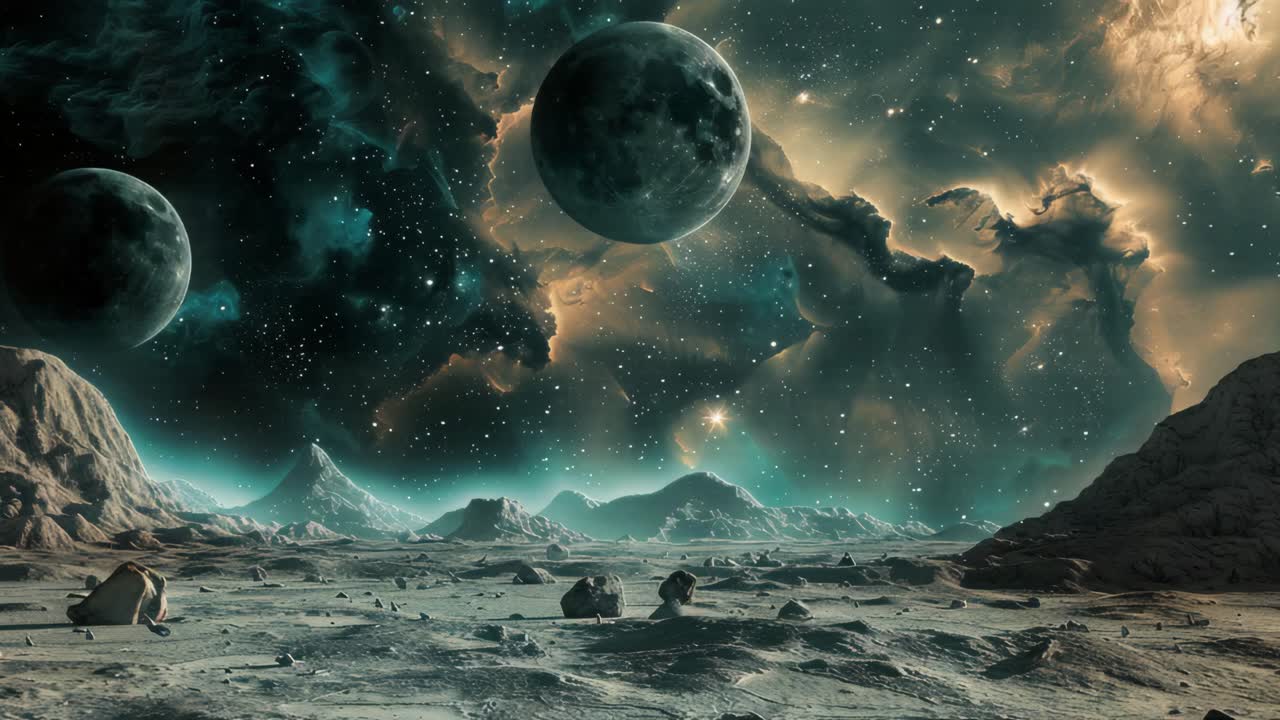 Alien Planet Landscape with Nebula and Planets