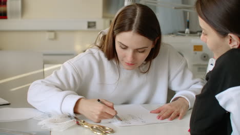 designer of clothes makes an outline of clothes with a felt-tip pen. female hands close up