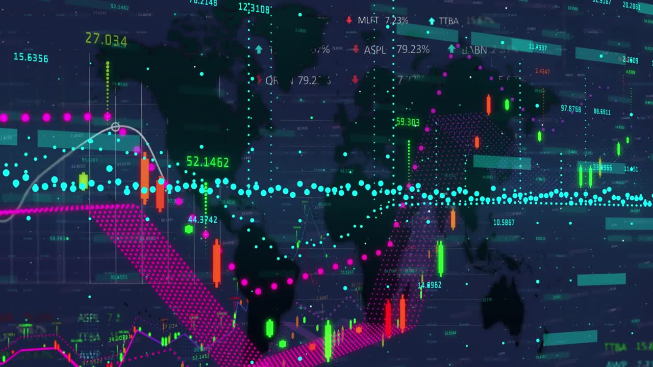 animación del procesamiento de datos financieros sobre el mapa del mundo