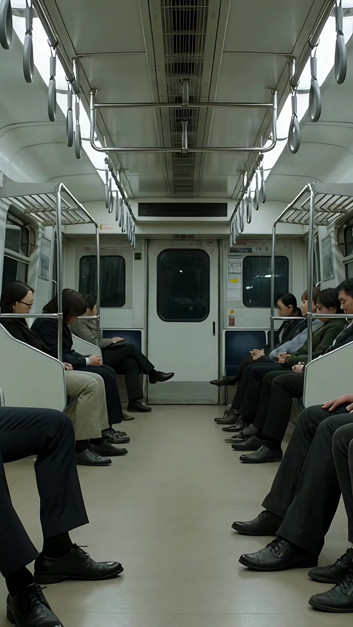 Vertical video: Filming commuting riders shifting in subway carriage, holding bag, wearing suits