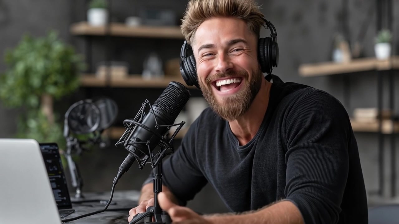 Happy male radio host laughing heartily while talking into a microphone in a recording studio.